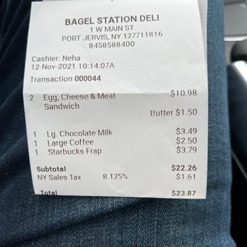 Bagel Station Deli - a receipt for a bagel - Delis Near Me - Port Jervis, New York