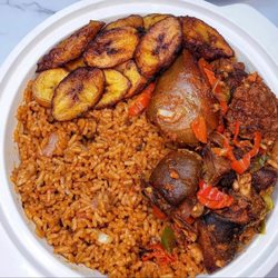 Omalicha Kitchen - Jellof rice with goat meat and fried plantain