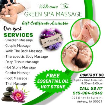 Green Spa Massage - Walk-in & Appointment Welcome - Massage Near Me - Ankeny, Iowa
