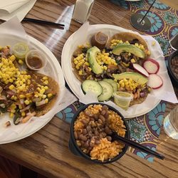 Taco Holics Club - Poblano, chili tacos, mushroom tacos, and rice and beans! Yum Yum vegan not as Yum Yum as non-vegan but still Yum Yum!