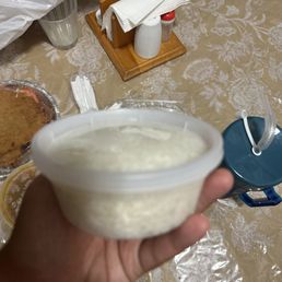 a hand holding a bowl of yogurt a hand holding a bowl of yogurt