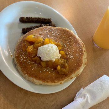 Eggs Up Grill - Baked Peaches & Cream Pancakes! Yum!! Must try if you enjoy all things peachy! - Breakfast & Brunch Near Me - Myrtle Beach, South Carolina