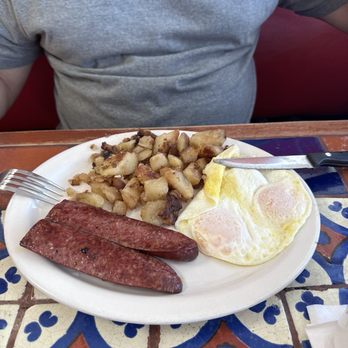 Stadium Diner - Jumbo Georgia spicy sausage with over easy eggs and home potatoes. Amazing! - Diners Near Me - Miami, Florida Stadium Diner - Jumbo Georgia spicy sausage with over easy eggs and home potatoes. Amazing! - Diners Near Me - Miami, Florida