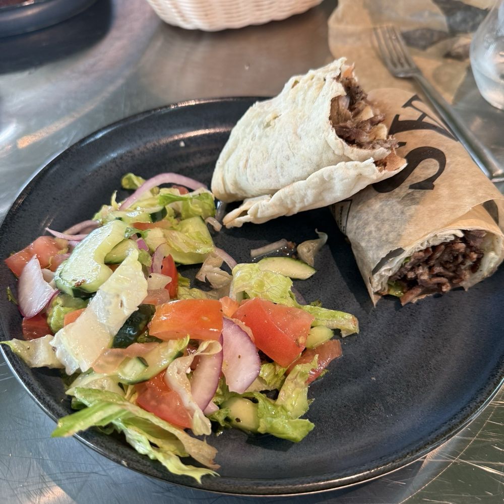 Beren Meze Grill House - Turkish Doner Wrap with Greek salad instead of fries. - Mediterranean Near Me - Fort Worth, Texas Beren Meze Grill House - Turkish Doner Wrap with Greek salad instead of fries. - Mediterranean Near Me - Fort Worth, Texas