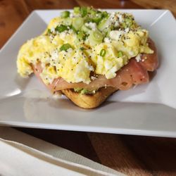 Salmon avocado toast with egg added