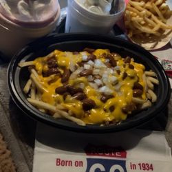 Chili Cheese Fries, strawberry shake, OREO Cookies 'n Cream shake & regular fries.