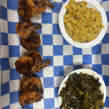 Gwada Soul - Blackened shrimp, corn (made with coconut milk), and collard greens. - Soul Food Near Me - El Paso, Texas Gwada Soul - Blackened shrimp, corn (made with coconut milk), and collard greens. - Soul Food Near Me - El Paso, Texas