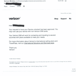 Verizonwirless email showing that my phone was NOT unlocked the day I bought the second phone from Sprint.