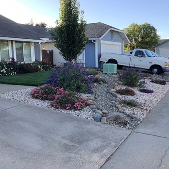 Water-Wise Landscaping - Front yard dry riverbed with plants and turf - Landscaping Near Me