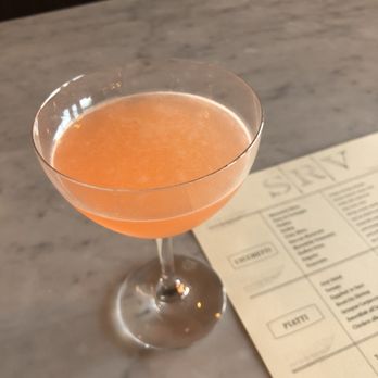 SRV Boston - Mezcal Fairbanks 63 - mezcal (a sub for gin), aperol, elderflower, citrus, green chartreuse. - Italian Near Me - Boston, Massachusetts