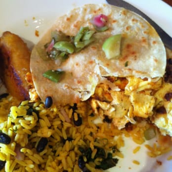 Cool Moose Cafe - Costa Rican: huevos con chorizo with cheese between two corn tortillas, sweet plantains, rice and bean. So very delicioso! - Breakfast & Brunch Near Me - Jacksonville, Florida