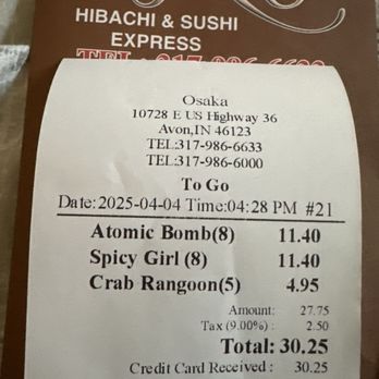 Osaka Hibachi & Sushi Express - Receipt - Japanese Near Me - Avon, Indiana Osaka Hibachi & Sushi Express - Receipt - Japanese Near Me - Avon, Indiana