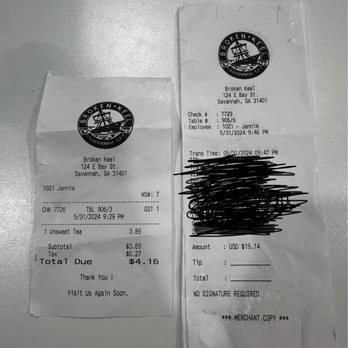 Broken Keel - The original check she brought me, and the check she returned after I paid. - Seafood Near Me - Savannah, Georgia