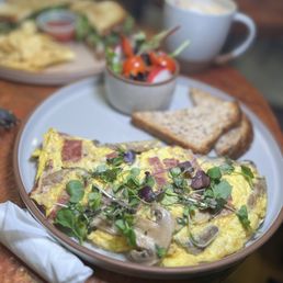 an omelet and toast on a plate