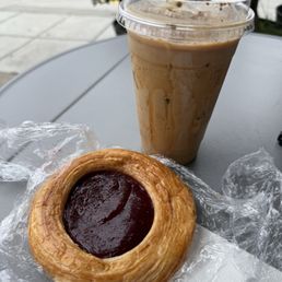 Banana bread latte and raspberry danish Banana bread latte and raspberry danish