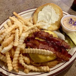 Buddies Bar & Grill - Delicious bacon cheese burger. The side of chipotle mayo is amazing with the fries too!