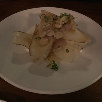 Uchi Austin - [Cold Tasting] Macho Cure (smoked yellowtail, yuca crisp, marcona almond, Asian pear - $18) - Sushi Bars Near Me - Austin, Texas
