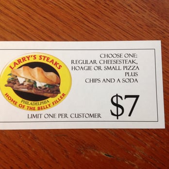 Larry's Steaks - Coupon for a cheese steak with chips and soda for $7 that Larry's does not accept because they are a rip-off. - Cheesesteaks Near Me - Philadelphia, Pennsylvania Larry's Steaks - Coupon for a cheese steak with chips and soda for $7 that Larry's does not accept because they are a rip-off. - Cheesesteaks Near Me - Philadelphia, Pennsylvania