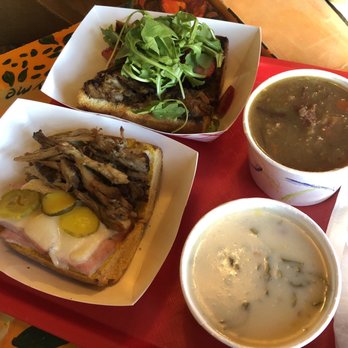 Soup's On - Corned beef/potato soup,  Pork, leek, arugula cream soup Cuban-ham & pork, Cheese sandwich  Roasted pork, strawberry, arugula sandwich - Vegetarian Near Me - Baltimore, Maryland