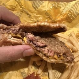 Raw burger. Chewy and cold. Raw burger. Chewy and cold.