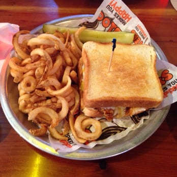 Hooters - Chicken Strip Cheese Sandwich w/ Samuri Teriyaki sauce and a side of curly fries - Sports Bars Near Me - Fort Smith, Arkansas Hooters - Chicken Strip Cheese Sandwich w/ Samuri Teriyaki sauce and a side of curly fries - Sports Bars Near Me - Fort Smith, Arkansas