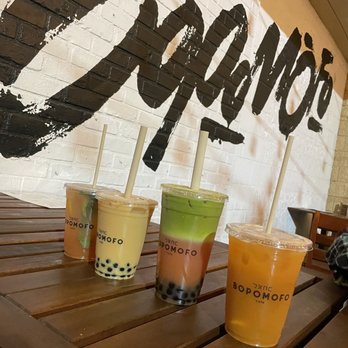 Bopomofo Cafe - From left to right: Crimson Crush 8/10, Coffee milk tea 7/10, Ba-la matcha 10/10, The HK classic 8/10 - Bubble Tea Near Me - San Gabriel, California Bopomofo Cafe - From left to right: Crimson Crush 8/10, Coffee milk tea 7/10, Ba-la matcha 10/10, The HK classic 8/10 - Bubble Tea Near Me - San Gabriel, California