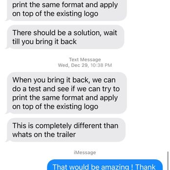Ultimate Wraps - Messages exchanged where our hopes were brought up by Fabio to get the logos fixed. - Vehicle Wraps Near Me - Orlando, Florida Ultimate Wraps - Messages exchanged where our hopes were brought up by Fabio to get the logos fixed. - Vehicle Wraps Near Me - Orlando, Florida