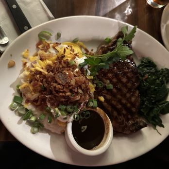 The Kettle - New York Strip Steak with Sauteed Garlic Spinach and loaded mashed potatoes! - Diners Near Me - Manhattan Beach, California The Kettle - New York Strip Steak with Sauteed Garlic Spinach and loaded mashed potatoes! - Diners Near Me - Manhattan Beach, California