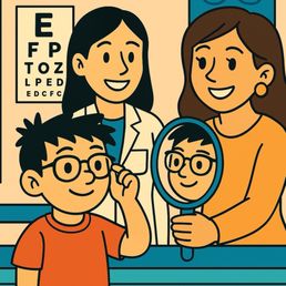 A little boy getting helped by the kind staff at Prism Optometric
