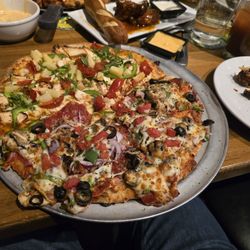 Crafters Pizza and Drafthouse - Half Mac Daddy, half Thai Island w/fried dough.