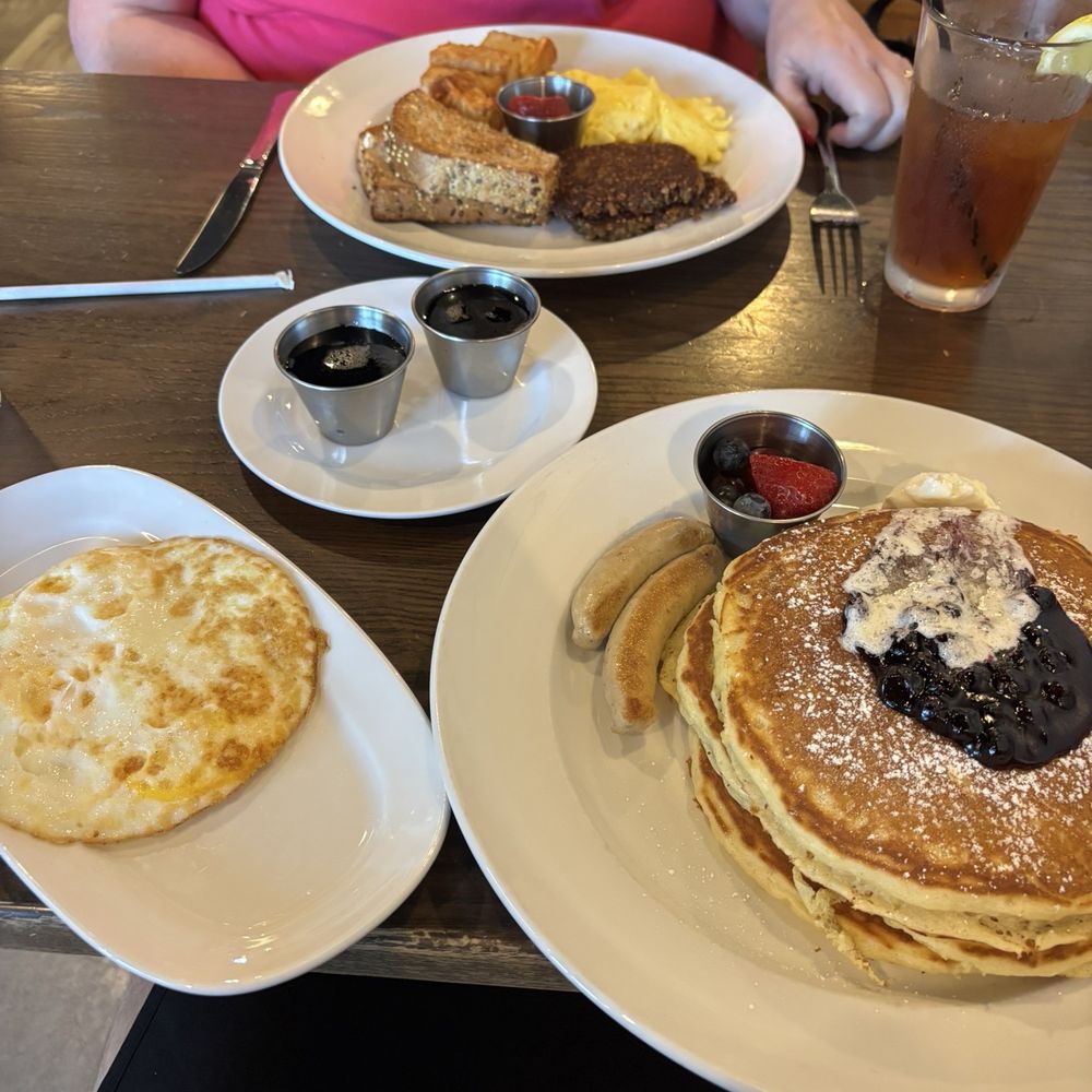 Blueberry Pancakes, Chicken Sausage, 2 eggs over hard Blueberry Pancakes, Chicken Sausage, 2 eggs over hard