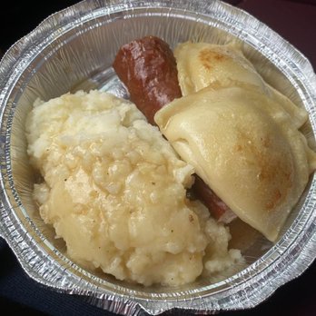 Belvedere - #5 Kielbasa & Pierogi, off the lunch menu (comes with mashed potatoes), at Belvedere Polish Delicatessen in East Windsor, CT. - Polish Near Me - East Windsor, Connecticut