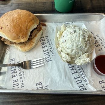 Blue Ember Smokehouse - Pulled pork sandwich with potato salad - Barbeque Near Me - Hot Springs, Arkansas Blue Ember Smokehouse - Pulled pork sandwich with potato salad - Barbeque Near Me - Hot Springs, Arkansas