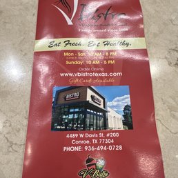 Flyer for V Bistro in Conroe, TX, showing business hours, address, phone number, website, and an image of the restaurant exterior.