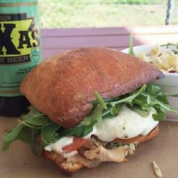 Dignowity Meats On Houston Street - Turkey Caprese, pasta salad, Texas root beer