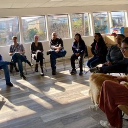 Adult art classes having a critique session.