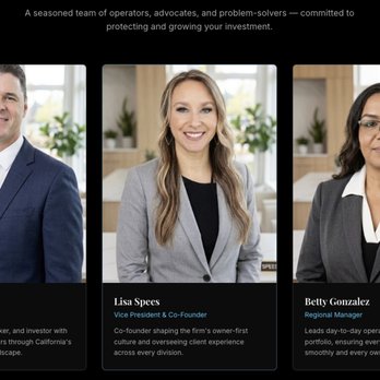 Neighborhood Property Management - The NPM Executive Team
Franklin Spees
Lisa Spees
Betty Gonzalez - Property Management Near Me Neighborhood Property Management - The NPM Executive Team
Franklin Spees
Lisa Spees
Betty Gonzalez - Property Management Near Me
