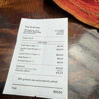 Drift Inn - The bill...graciously highlighting the 20% gratuity automatically added. Oh, and the Yachats City Food Tax. - New American Near Me - Yachats, Oregon
