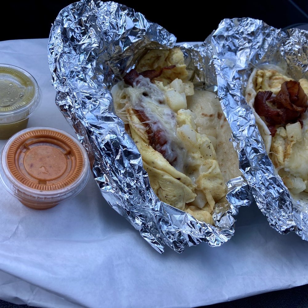 CJ’s Tacos - Bacon Egg Potato & Cheese Tacos on flour - Tacos Near Me - Austin, Texas