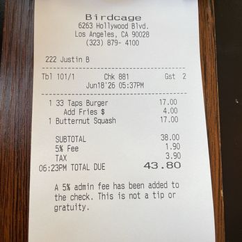 Birdcage Hollywood - Shared by two for a quick preshow bite. Reasonable. Note the 5% admin fee - not a tip. - Desserts Near Me - Hollywood, California Birdcage Hollywood - Shared by two for a quick preshow bite. Reasonable. Note the 5% admin fee - not a tip. - Desserts Near Me - Hollywood, California