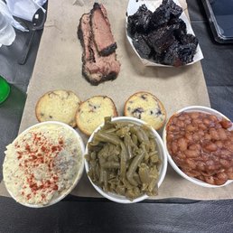 Brisket Smoked Meat Plate, burnt ends, baked Smoked Beans, potatoe salad, green beans, corn bread muffins Brisket Smoked Meat Plate, burnt ends, baked Smoked Beans, potatoe salad, green beans, corn bread muffins