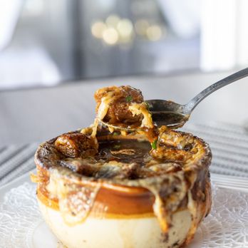 Five Bays Bistro - French Onion Soup // Swiss gratinee, house made crouton - New American Near Me - Osterville, Massachusetts Five Bays Bistro - French Onion Soup // Swiss gratinee, house made crouton - New American Near Me - Osterville, Massachusetts