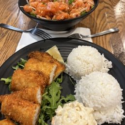 Dinner- poke bowl with salad & fried Mahi with homemade tarter sauce Dinner- poke bowl with salad & fried Mahi with homemade tarter sauce