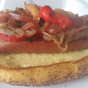Burger Monger - Best hot dog with grilled onions, roasted red peppers, balsamic tomatoes and garlic goodness sauce! (to go order) - Burgers Near Me - Wesley Chapel, Florida Burger Monger - Best hot dog with grilled onions, roasted red peppers, balsamic tomatoes and garlic goodness sauce! (to go order) - Burgers Near Me - Wesley Chapel, Florida