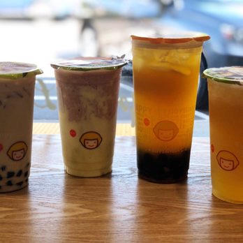 Happy Lemon - Left to right: Jasmine Green Milk Tea, Strawberry Shortcake Smoothie, Mango Jasmine Tea, and Freshly Squeezed Lemon Jasmine Green Tea. - Juice Bars & Smoothies Near Me - Bellevue, Washington Happy Lemon - Left to right: Jasmine Green Milk Tea, Strawberry Shortcake Smoothie, Mango Jasmine Tea, and Freshly Squeezed Lemon Jasmine Green Tea. - Juice Bars & Smoothies Near Me - Bellevue, Washington