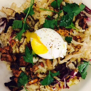 Bounty Kitchen - Queen Anne - Winter seasonal mushroom bowl with some delicious grain, radicchio, parsley, a poached egg, mmmmm!!! - Salad Near Me - Seattle, Washington