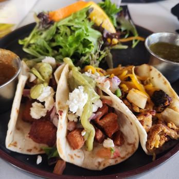 Rio Grande Social - Breakfast taco trio - 2 pork belly, 1 chorizo - Sports Bars Near Me - Albuquerque, New Mexico