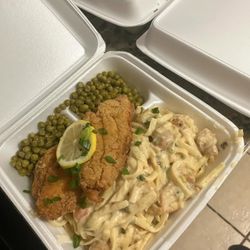 Phatts Treats N Eats - Fry it up FRIDAY!!!! Fried shrimp Alfredo with 2pc of catfish side of sweet peas