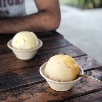 Kula Shave Ice - Lilikoi Sour Sop with Poi and Coconut with Coconut cream topping - Shaved Ice Near Me - Hilo, Hawaii