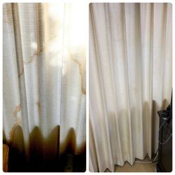 Ace Cleaning - Water stained curtains on left and Ace carpet cleaned curtain on the right.